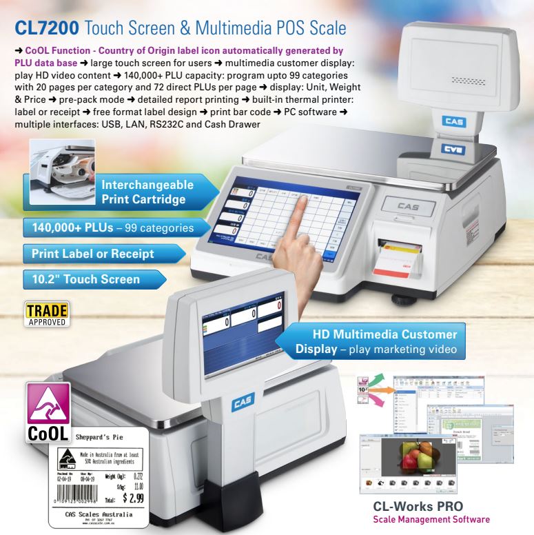 CAS CL 7200 Barcode Ticket or Label Printing Touchscreen Scale